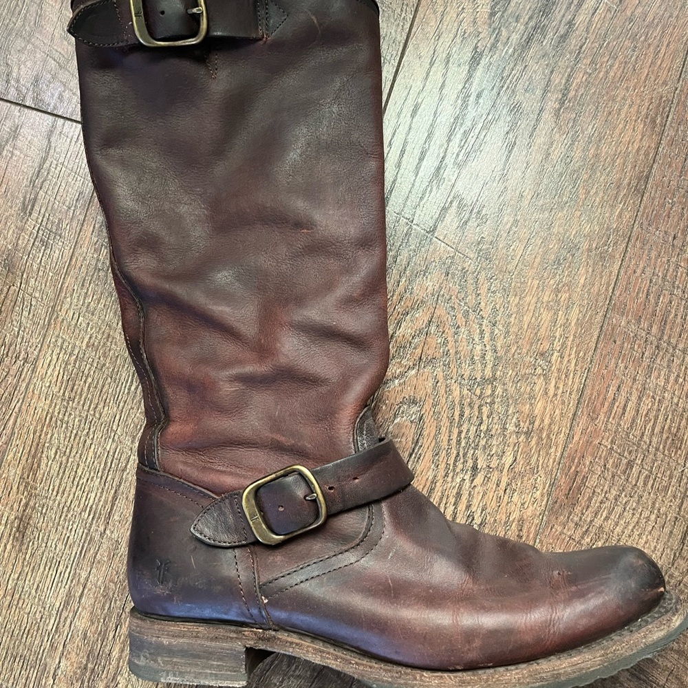 Frye Veronica Slouch cognac tall motorcycle boots in deep brown leather size 10